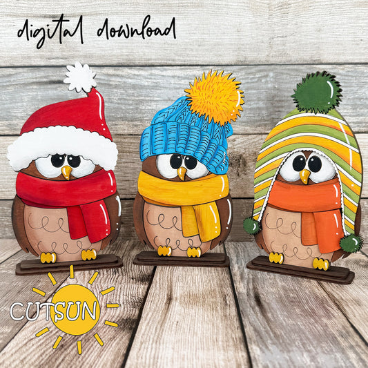 Layered Owl Shelf Sitter SVG Bundle with three winter and Christmas owl designs for laser cutters