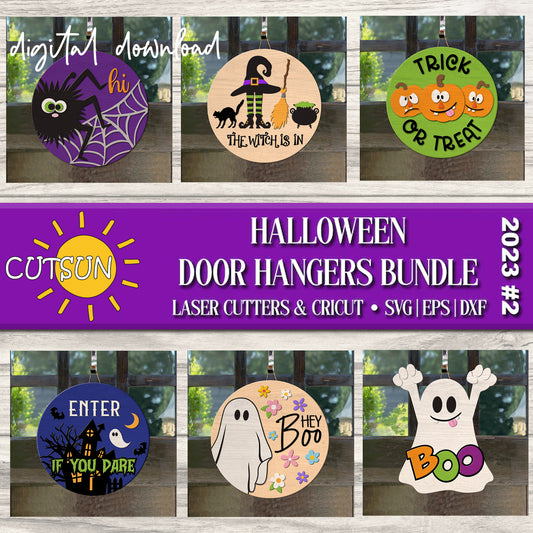 A collection of six Halloween-themed door hanger designs with accompanying text, intended for digital downloading.