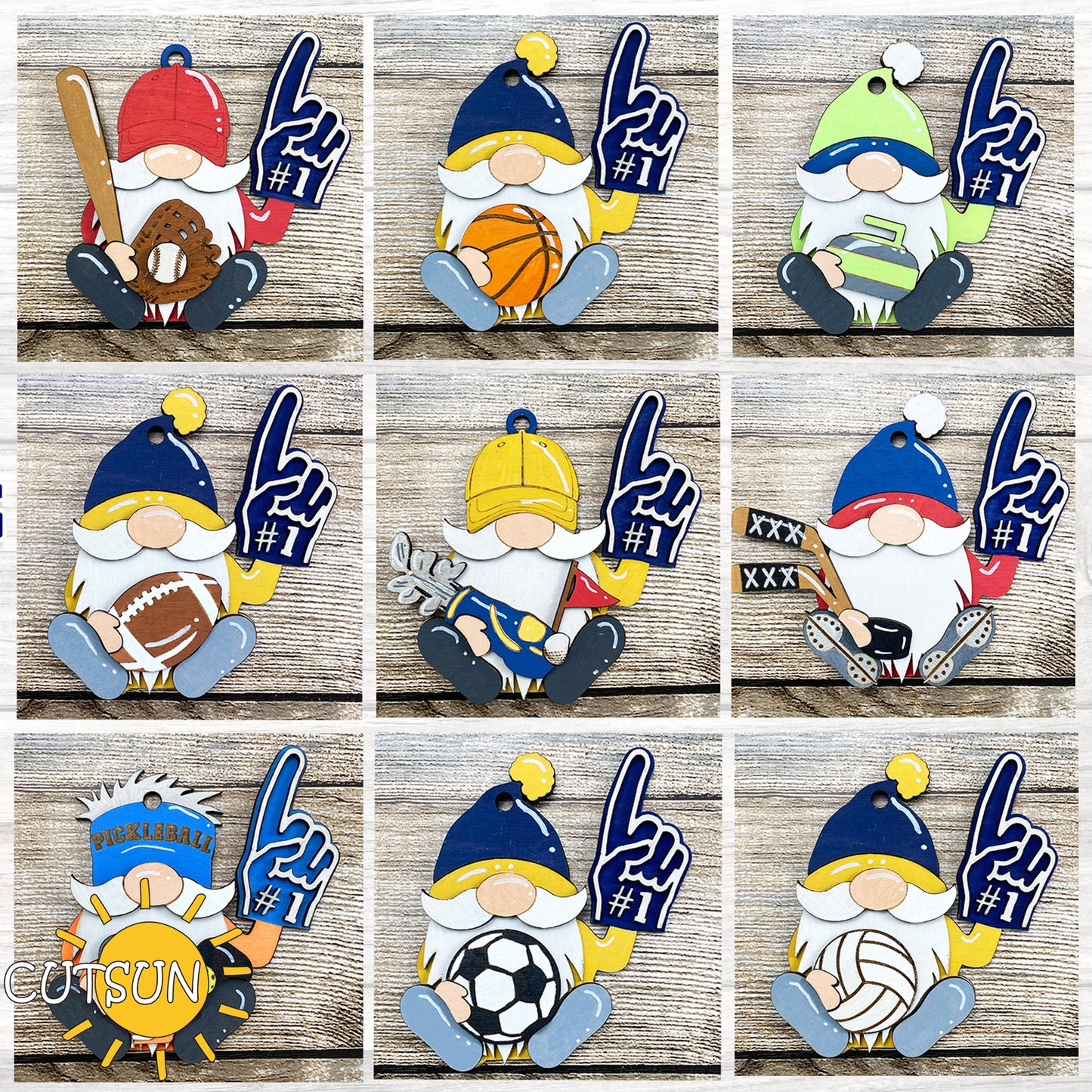 Set of sports-themed gnomes with accessories on a wooden background