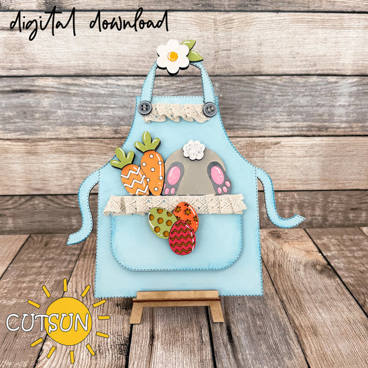 Easter apron shelf sitter SVG add-on with bunny tail, carrots, eggs, and floral topper – laser cut file for spring decor.