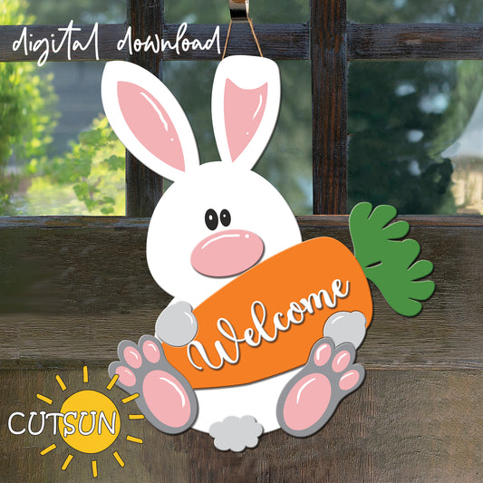 A digital image of an Easter Bunny door hanger SVG file, showing a cartoon-style bunny with a carrot, with text elements like 'Welcome' on it, against a wooden background.