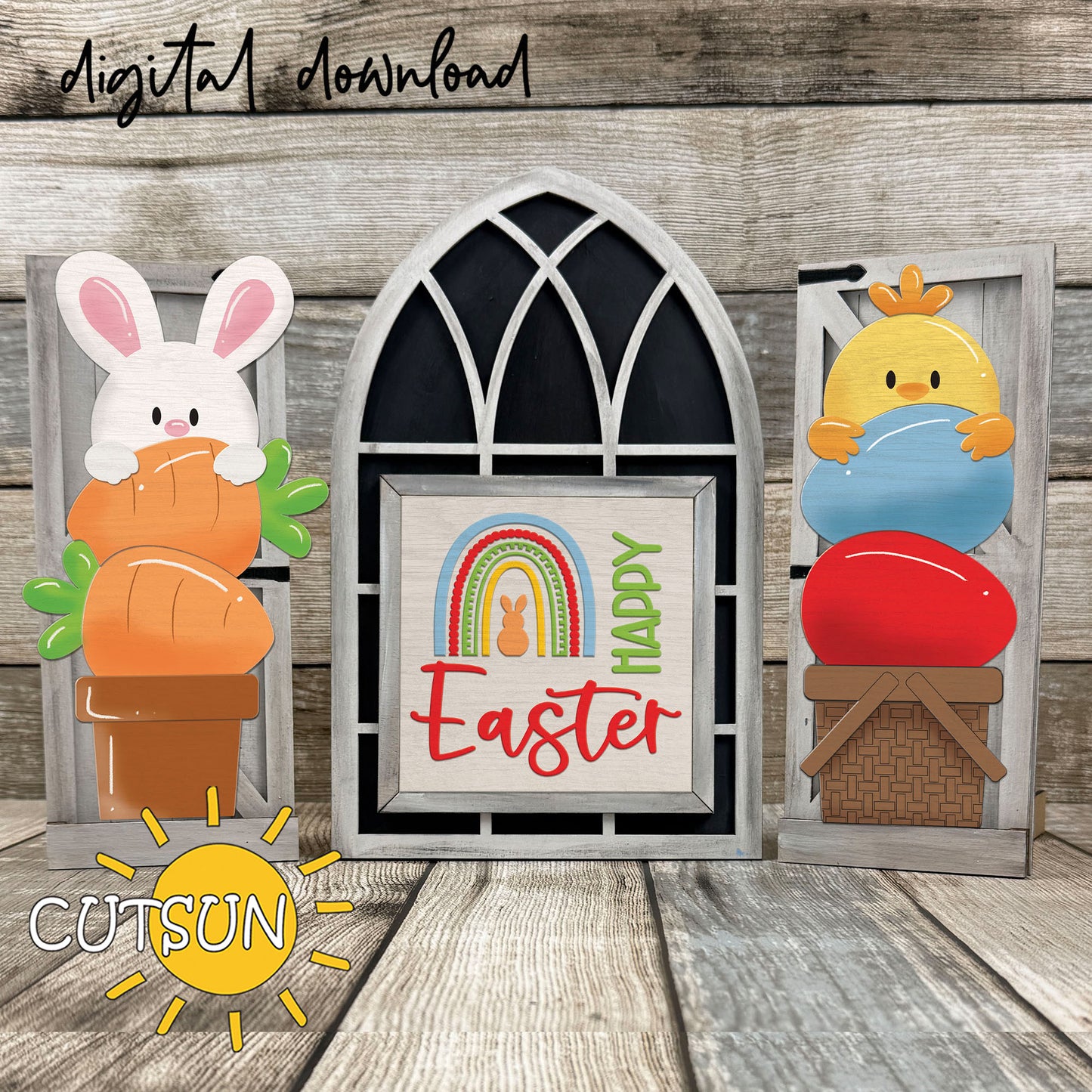 Interchangeable farmhouse window Easter add-on with bunny panel, chick panel, and square Happy Easter center sign shown on rustic wood background.