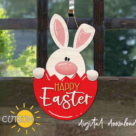 Digital download for an Easter door hanger featuring a cute Easter bunny in an egg.