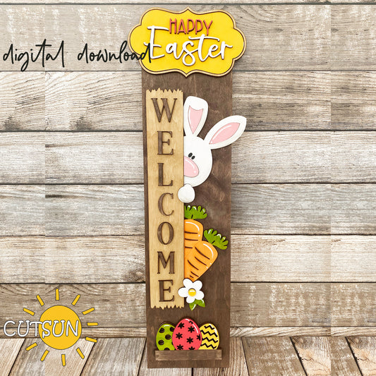 Laser cut Easter porch sign SVG with bunny, carrots, eggs, and “Happy Easter” plaque – includes vertical leaner base for Glowforge.