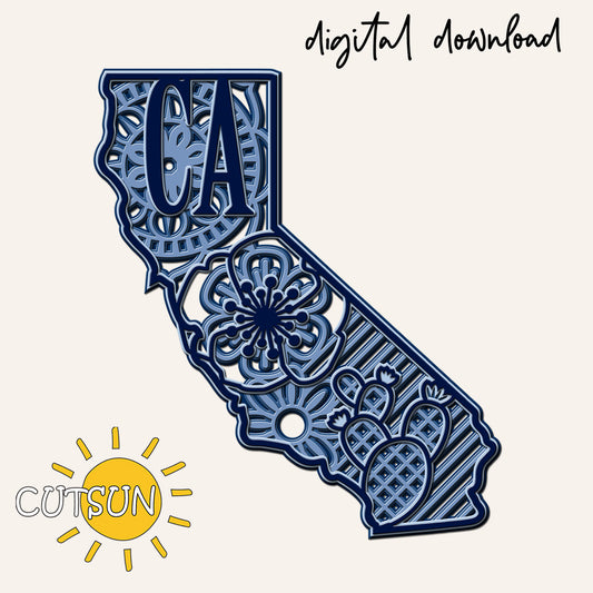 Decorative laser cutout of California with floral patterns and 'CA' on a white background, featuring the Cutsun logo.
