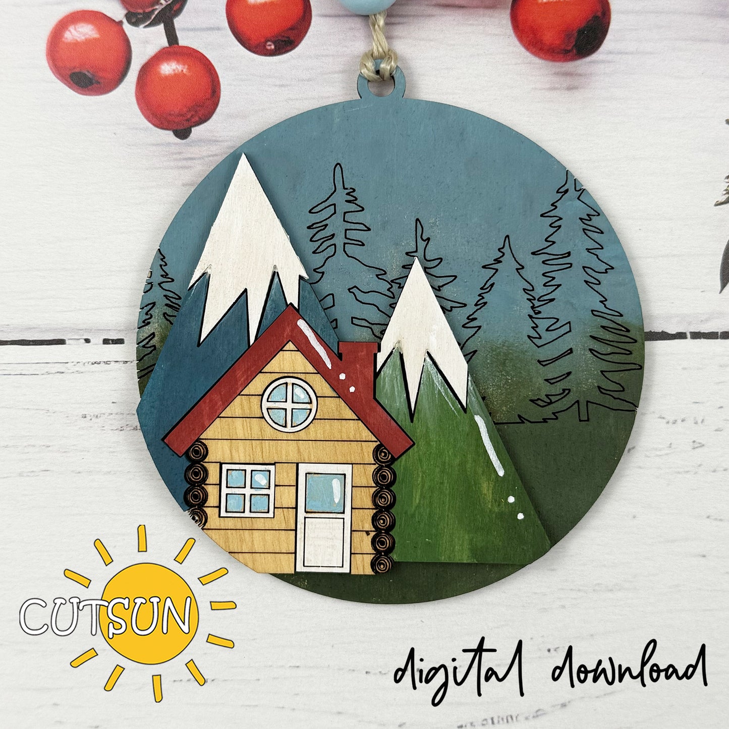 Cabin in the Mountains Layered Ornament SVG | Winter Scene Laser Cut File