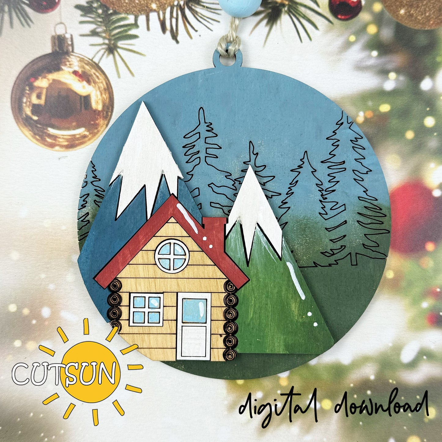 Cabin in the Mountains Layered Ornament SVG | Winter Scene Laser Cut File