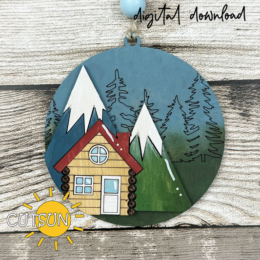 Cabin in the Mountains Layered Ornament SVG | Winter Scene Laser Cut File