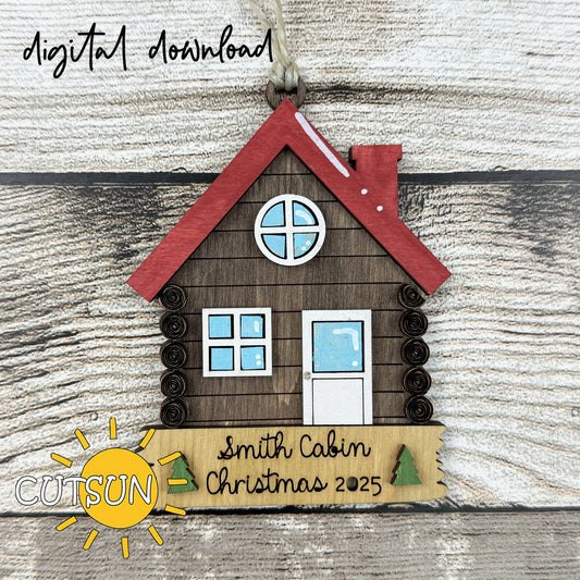 Rustic cabin Christmas ornament SVG file with customizable family name plaque – layered holiday cut file for laser and Cricut crafts.
