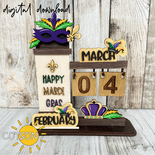 A digital download image showing a wooden structure with a Mardi Gras theme. It has a face mask, a crown, and the numbers 04 and 12 decorated with feathers and purple flowers, indicating it is a monthly calendar add-on for February and March.