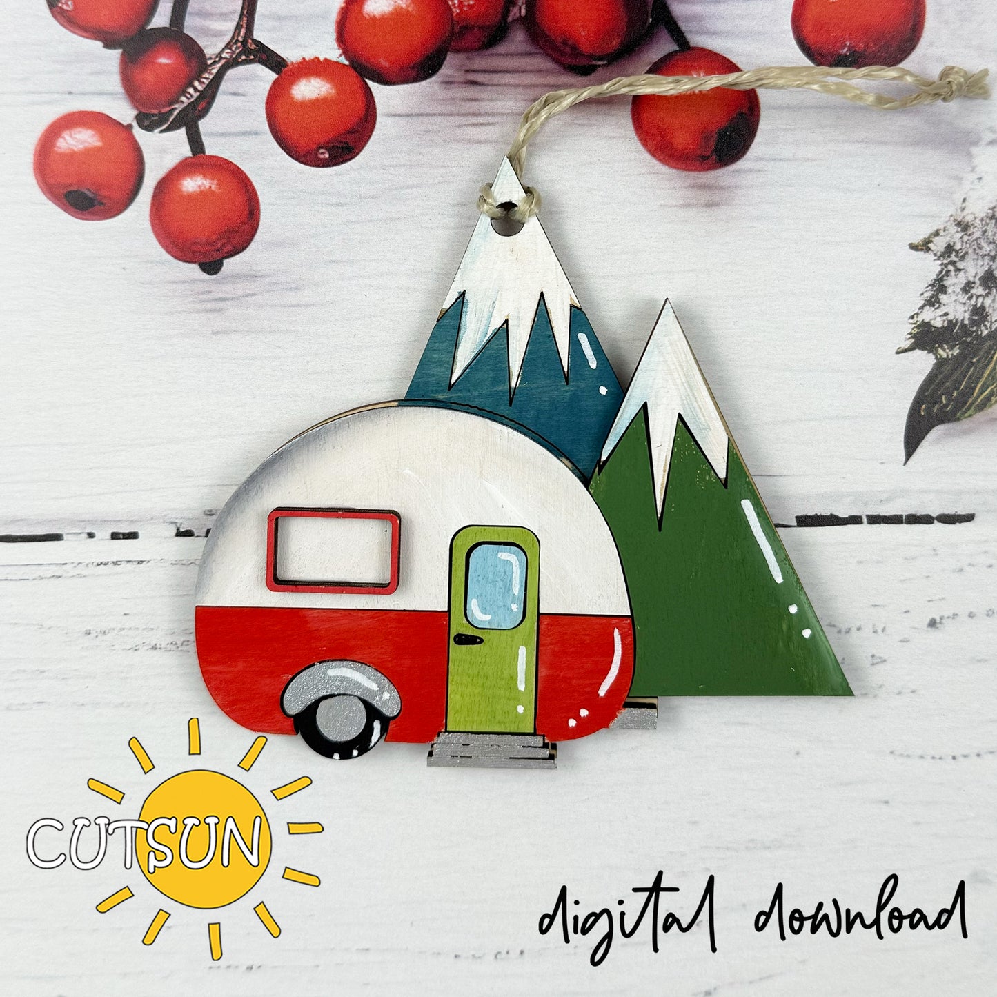 Camper Ornament SVG | Layered Retro Camper and Mountain Scene Laser Cut File