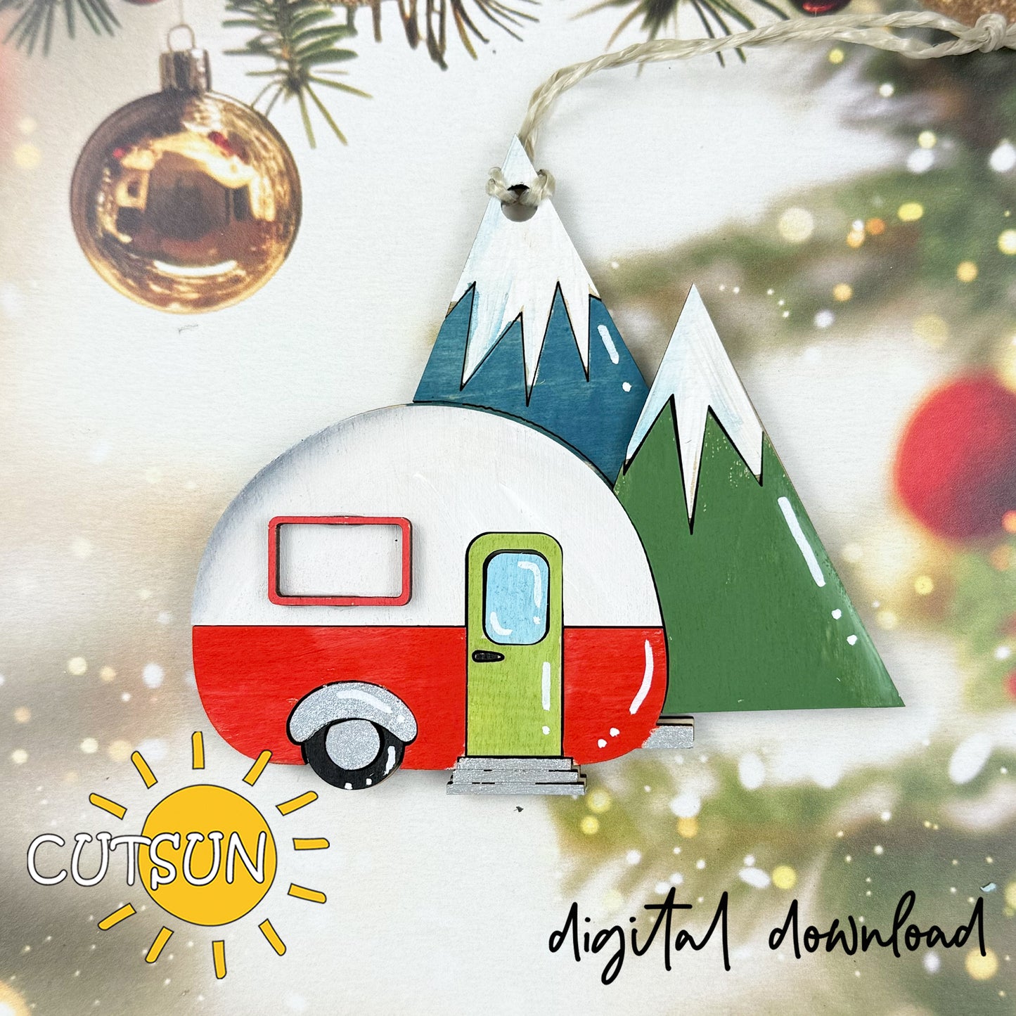 Camper Ornament SVG | Layered Retro Camper and Mountain Scene Laser Cut File