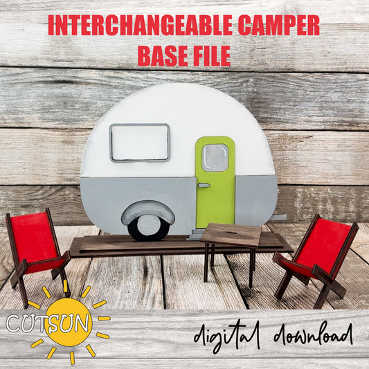 A digital image showing a stylized camper shelf with two chairs and a table, designed for laser cutting. The camper has a white body with a green door and a gray base, the chairs are red, and the table is brown.