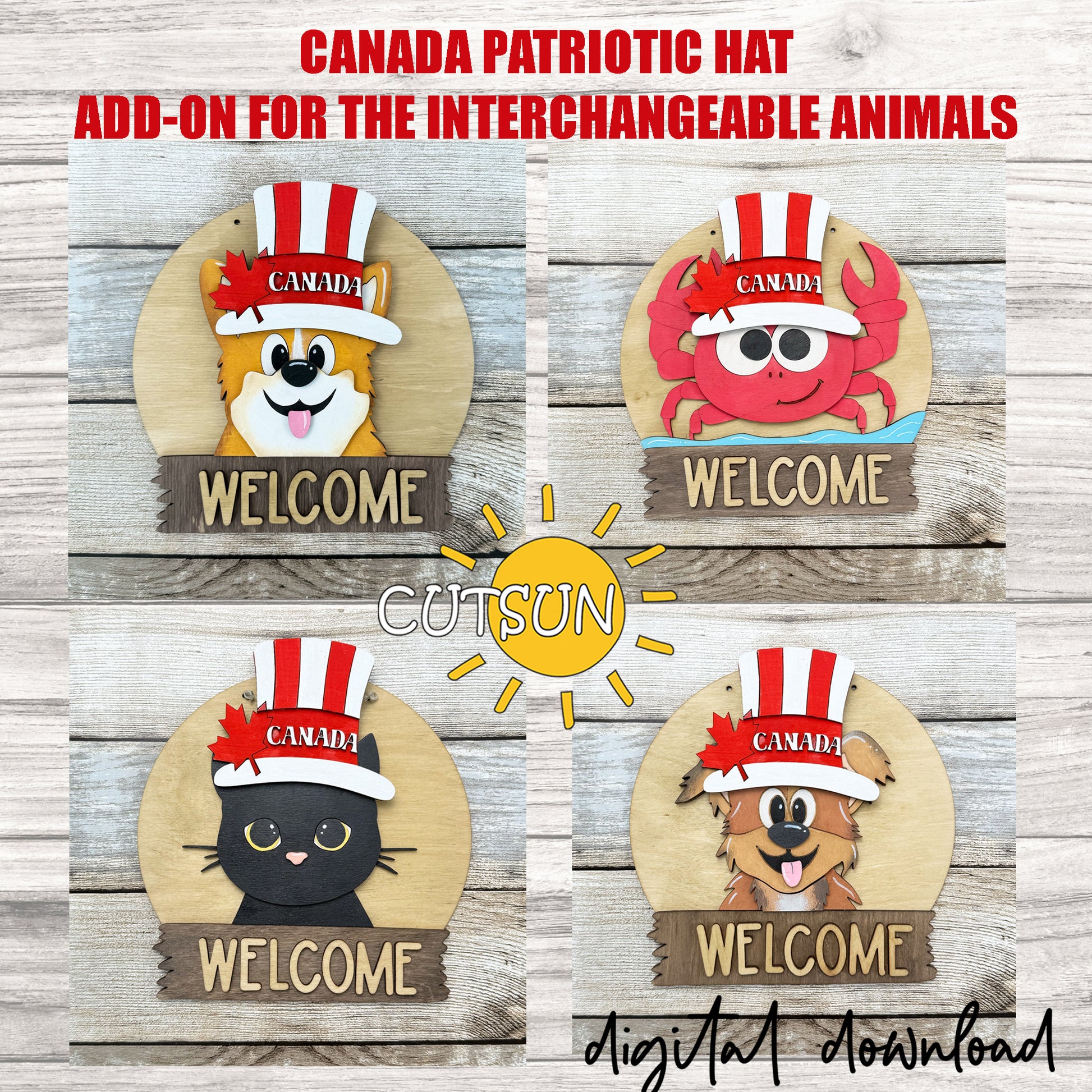 A collection of digital downloads for round interchangeable animals door hangers, each featuring a patriotic hat with Canada and maple leaf themes. The image shows a dog, cat, and other animal characters wearing the hats.