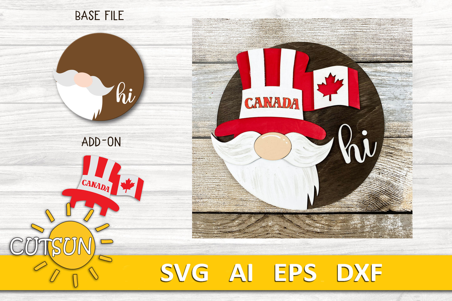 Interchangeable Round Gnome Door Hanger SVG | Canada Add-On Gnome Hi Sign | Laser Cut File