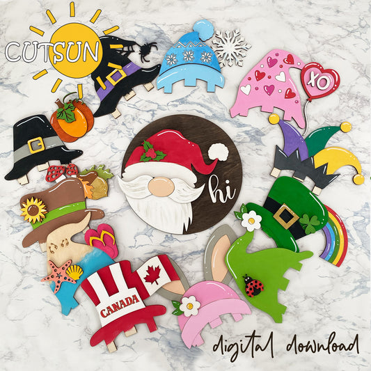 A collection of digital downloadable round gnome door hangers with various seasonal add-ons, including hats and other accessories, in a variety of colors and designs.