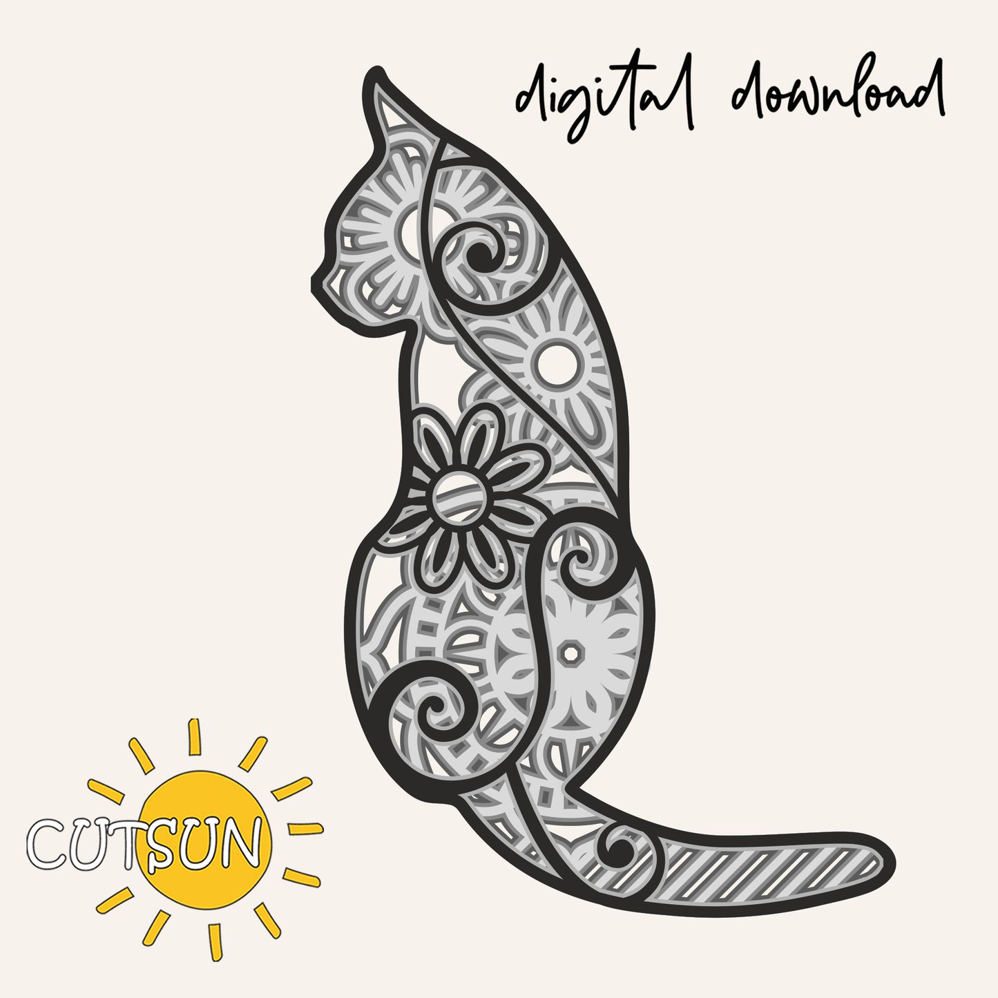 Decorative cat silhouette with mandala patterns on a white background, featuring the Cutsun logo.