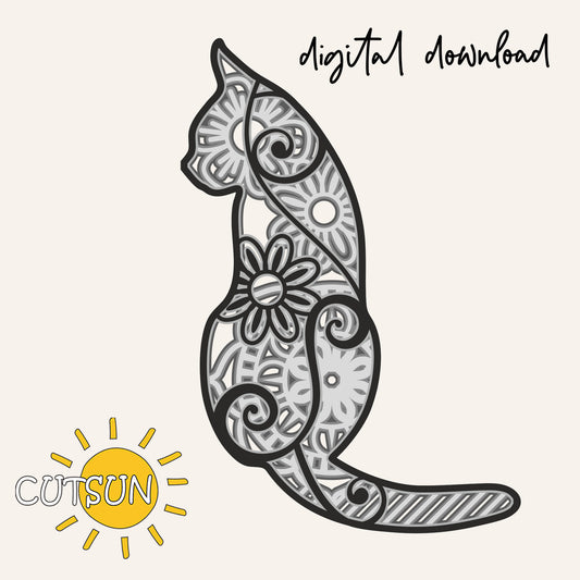 Decorative cat silhouette with mandala patterns on a white background, featuring the Cutsun logo.