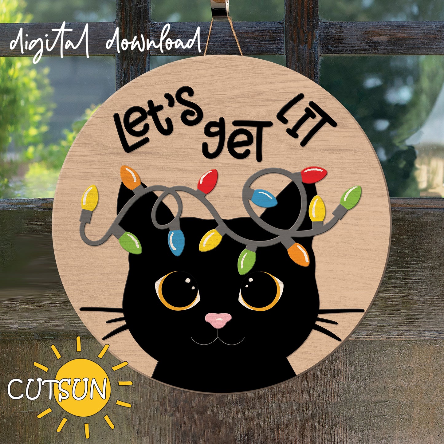 Cat Christmas door hanger Christmas lights door sign svg Laser cut file