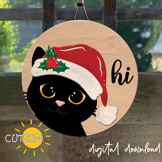 Cat Christmas Door Hanger SVG | Santa Hat Cat Door Sign Laser Cut File | Festive Cat Lover Front Door Decor