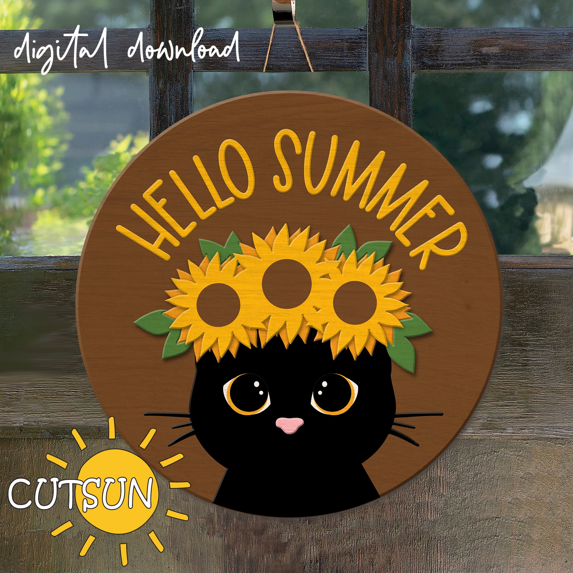 A digital door hanger sign with a cat and sunflowers, titled 'Hello summer', created with laser cut technology.