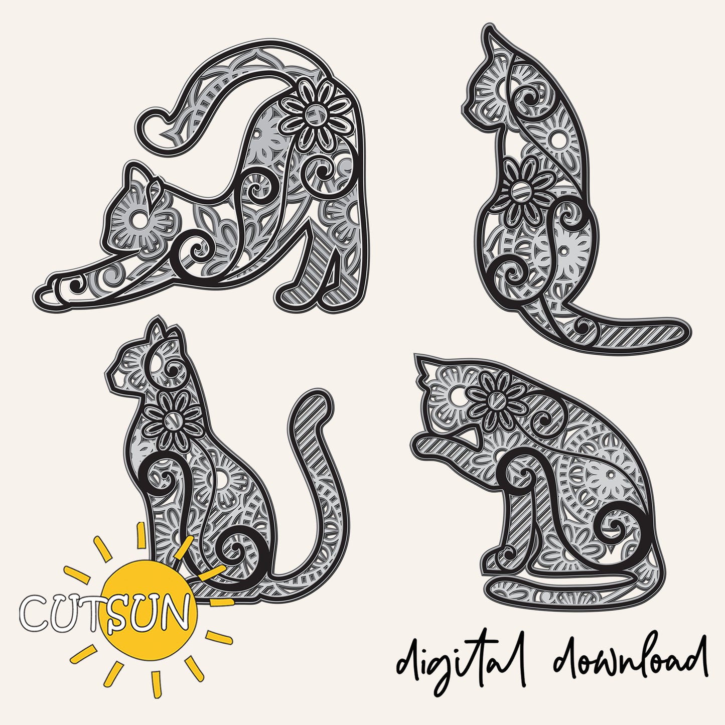 Decorative black cats with floral patterns on a white background, featuring the brand 'Cutsun'.
