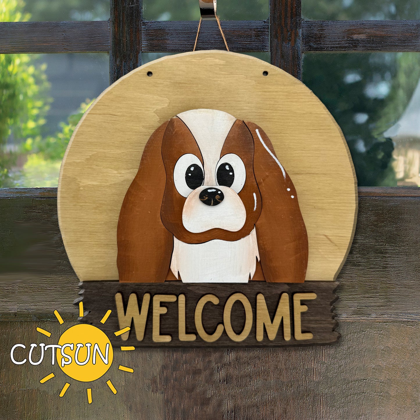 Layered Cavalier King Charles Spaniel interchangeable door hanger SVG on round welcome sign base, laser cut design
