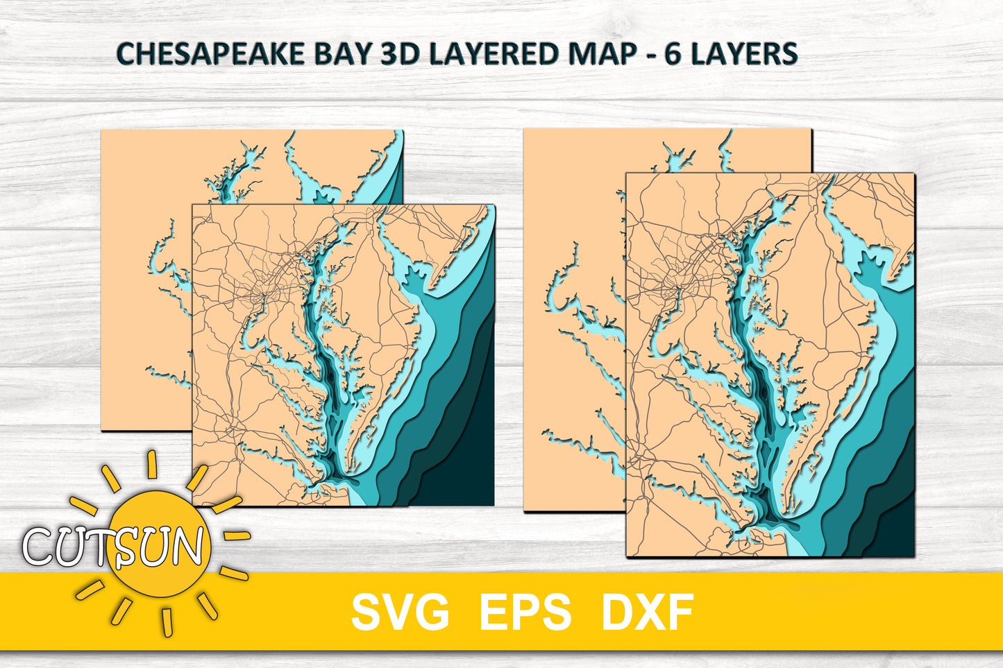 Layered Chesapeake Bay Map SVG | 6-Layer Nautical Depth Map | Coastal Laser Cut File