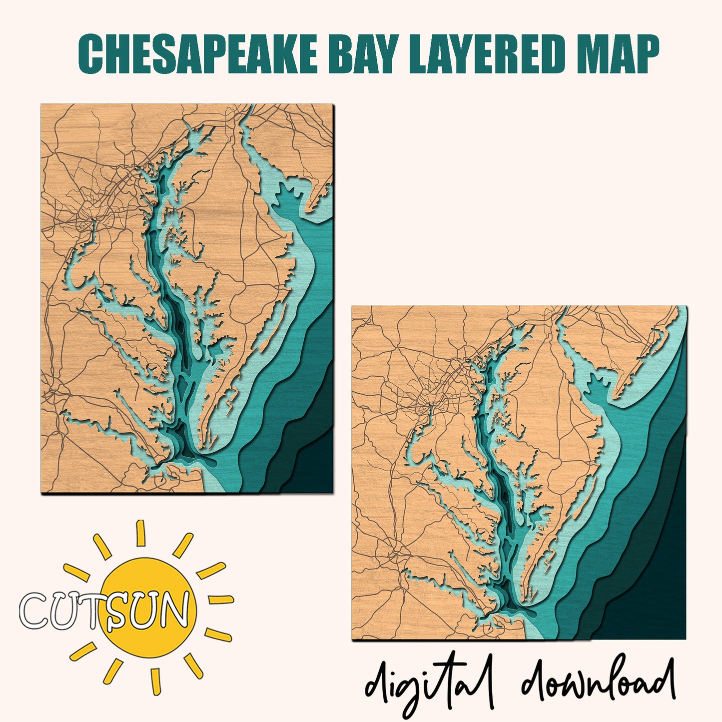 Chesapeake Bay layered map with CutSun logo and 'digital download' text.
