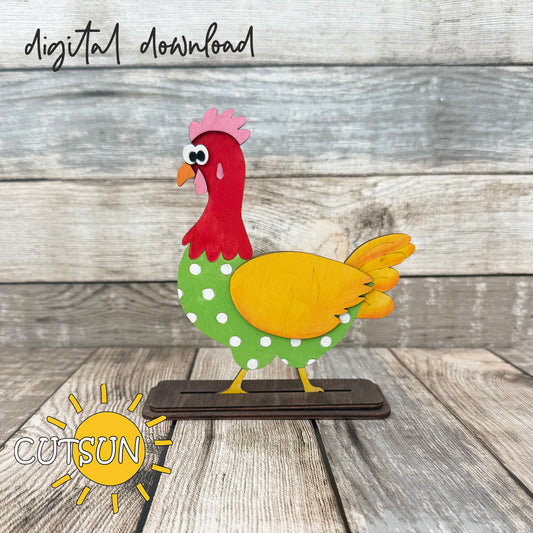 Colorful wooden rooster cutout on a stand with 'CUTSUN' logo in the corner.