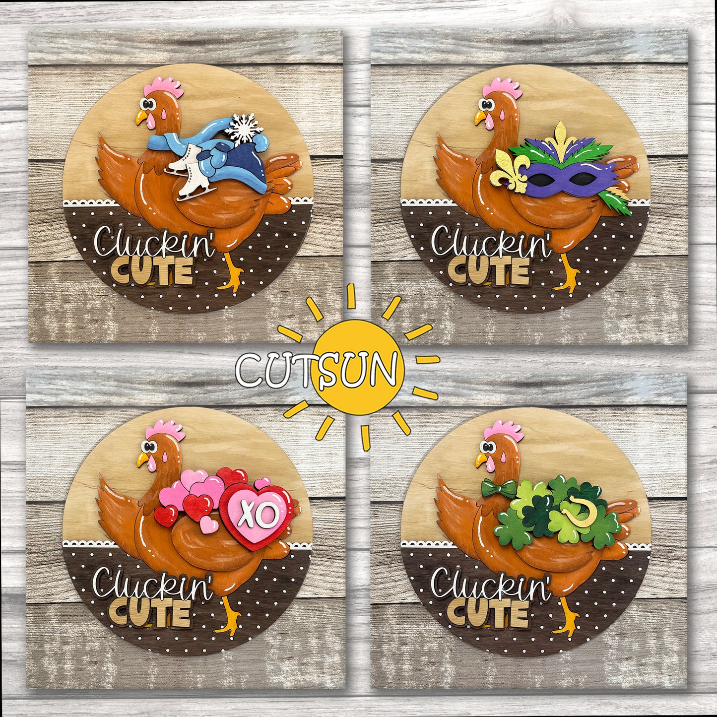 Funny Chicken Door Hanger SVG – Interchangeable Round Sign with “Cluckin' Cute” Text – Laser Cut File