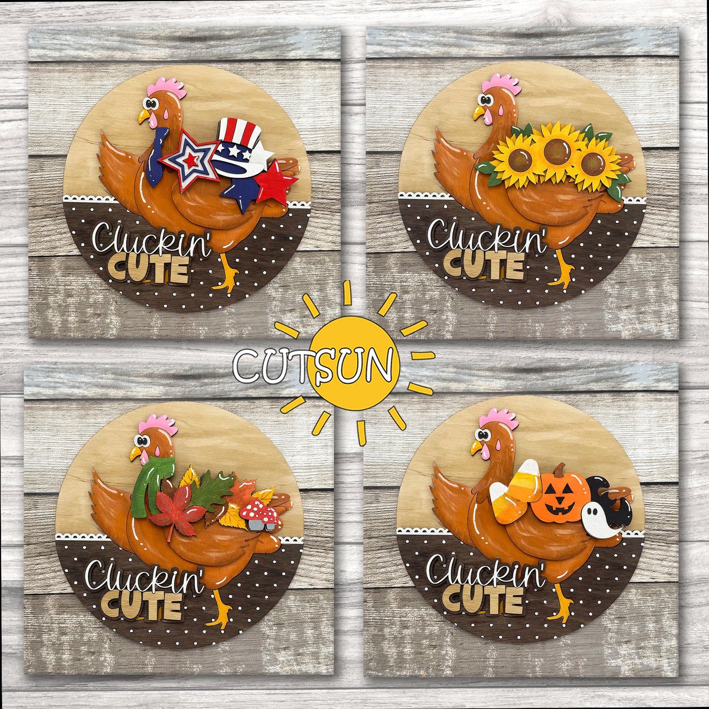 Funny Chicken Door Hanger SVG – Interchangeable Round Sign with “Cluckin' Cute” Text – Laser Cut File