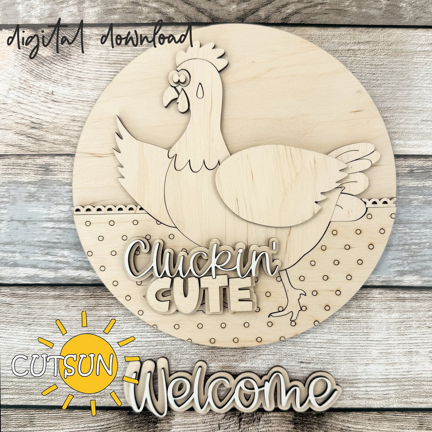 Funny Chicken Door Hanger SVG – Interchangeable Round Sign with “Cluckin' Cute” Text – Laser Cut File