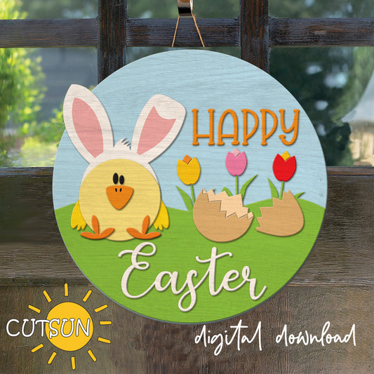 Digital download for an Easter door hanger featuring a cute little chick with bunny ears, a hatched egg, tulips, and the text 'Happy Easter'