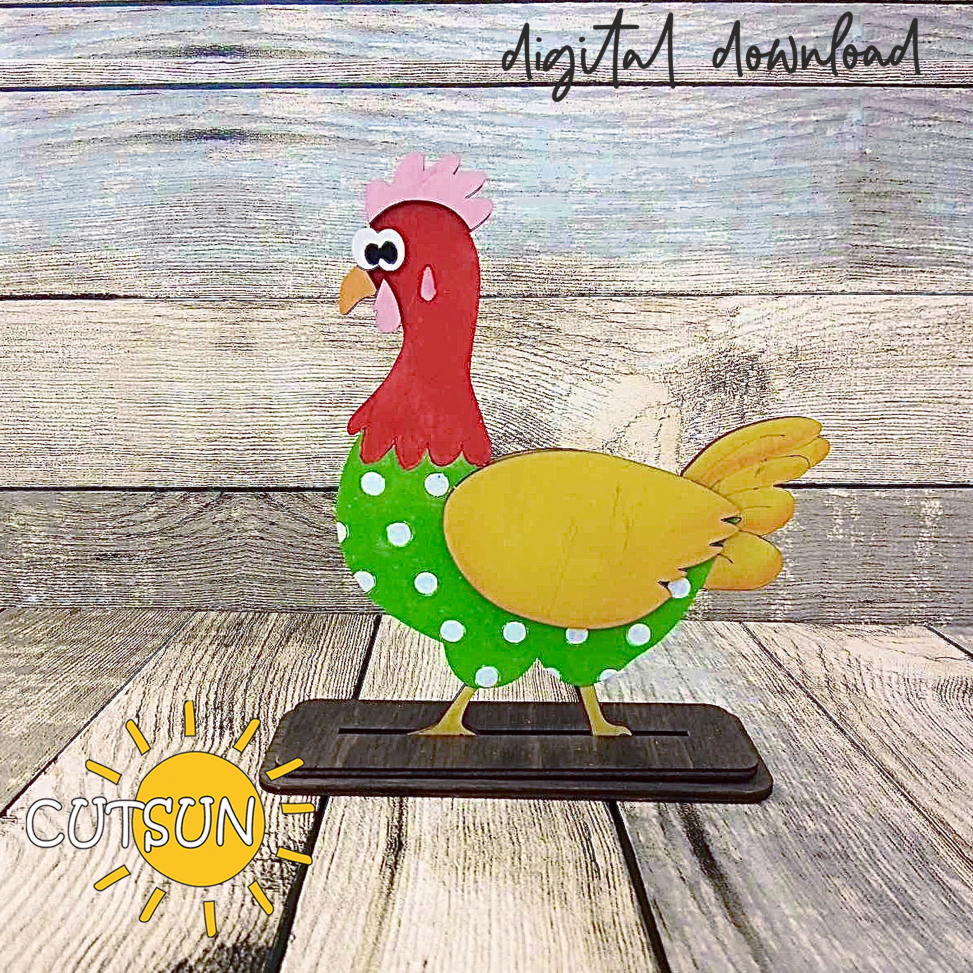 Laser-cut chicken shelf sitter base in bright colors, designed for interchangeable seasonal add-ons.