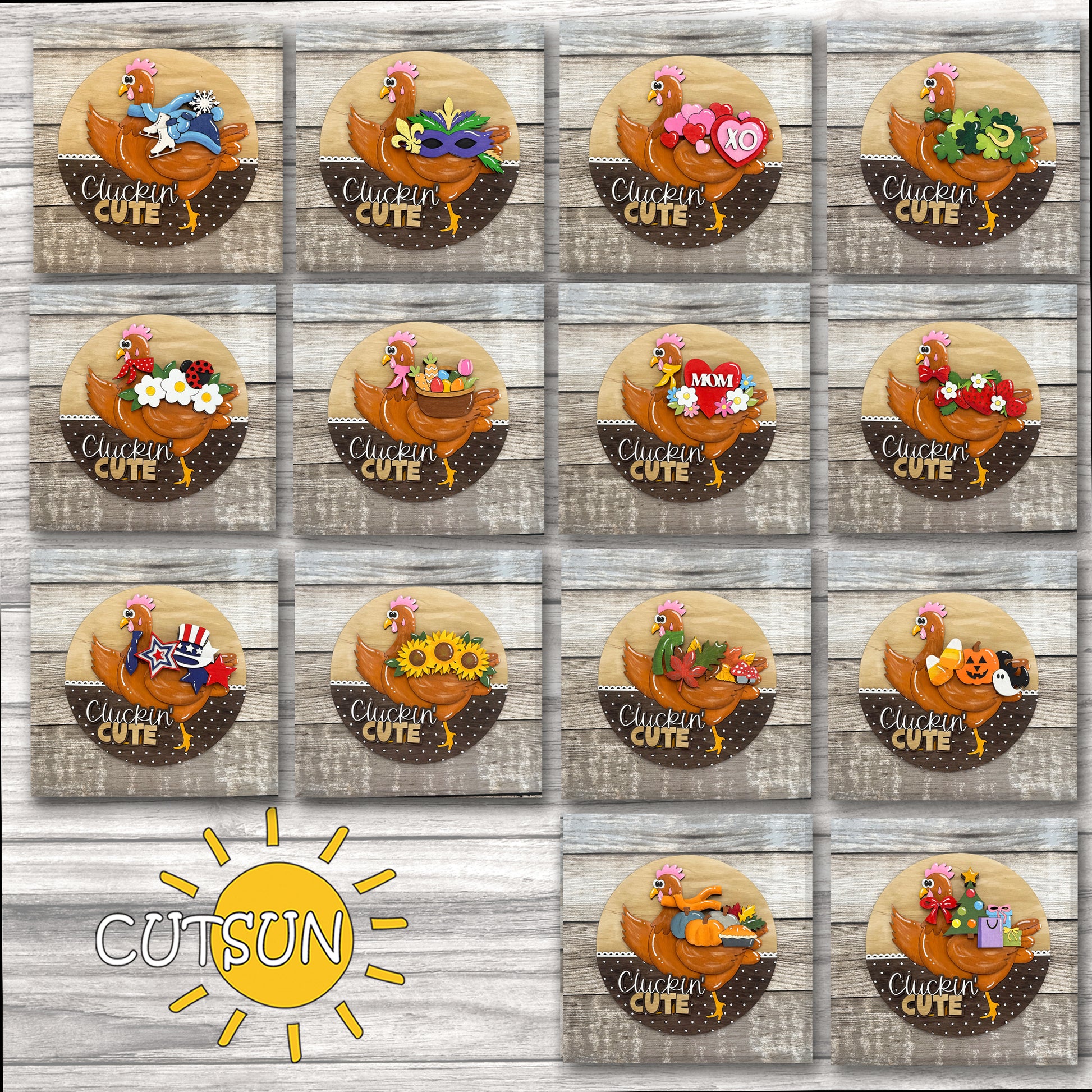 Farmhouse-style chicken door hanger with seasonal interchangeable SVG add-ons for laser cutting.