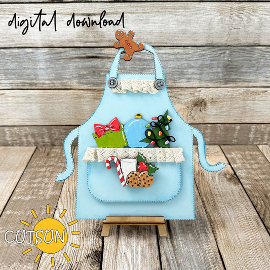 Christmas apron shelf sitter SVG with gingerbread, cookies, candy cane, and Christmas tree cut file