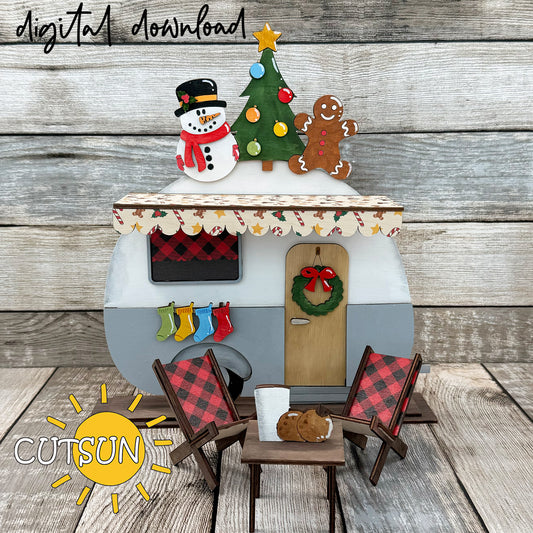 Christmas add-on for interchangeable camper with snowman, tree, gingerbread, wreath, stockings, and buffalo-plaid prints for window and chairs.