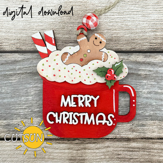 Decorative Christmas sign with a red mug, gingerbread man, and 'Merry Christmas' text on a wooden background.