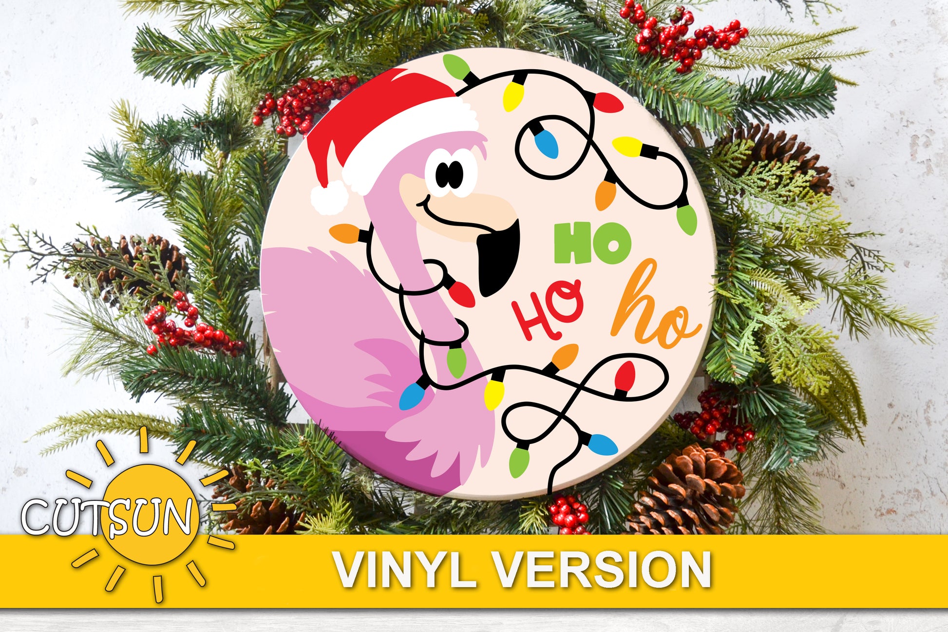 Christmas Flamingo with a string of Christmas lights, Santa hat and Ho ho ho - svg digital download