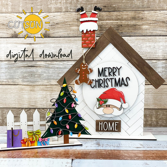 Christmas Add-On SVG for Interchangeable Shelf Décor | House & Fence Set Laser Cut File | Merry Christmas & Santa Winter SVG