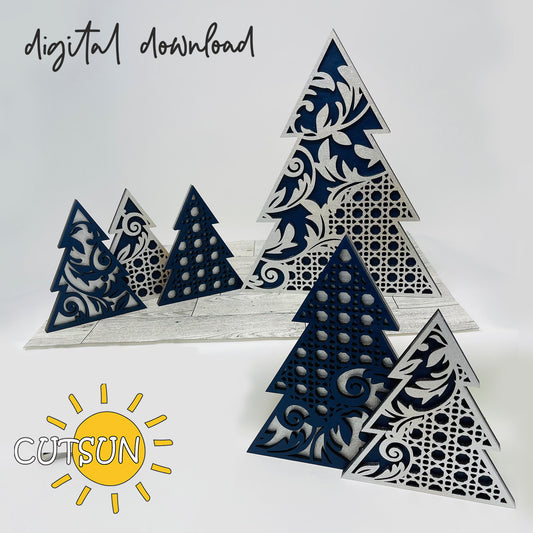 Decorative paper trees with intricate patterns on a white background, featuring the brand 'CUTSUN'.