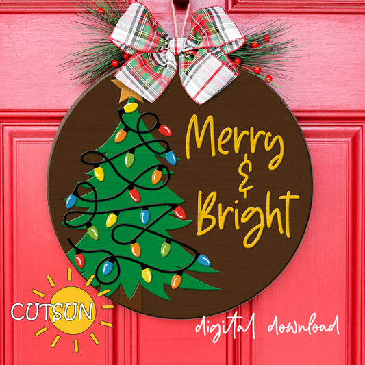 Decorative sign with Christmas tree and 'Merry & Bright' text on a pink background, featuring the brand 'CUTSUN'.