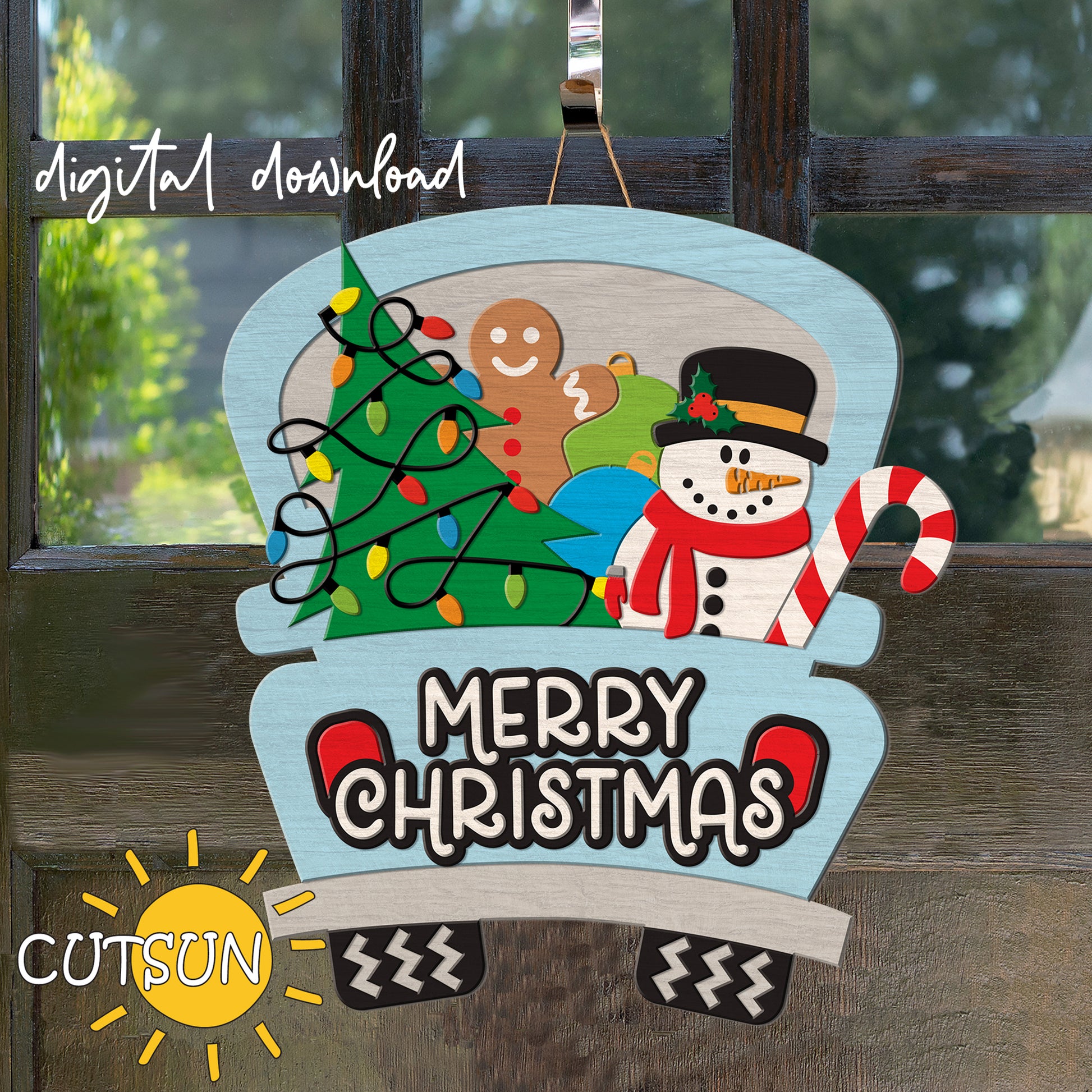 Decorative Christmas sign with a snowman, tree, and gingerbread man on a wooden background.