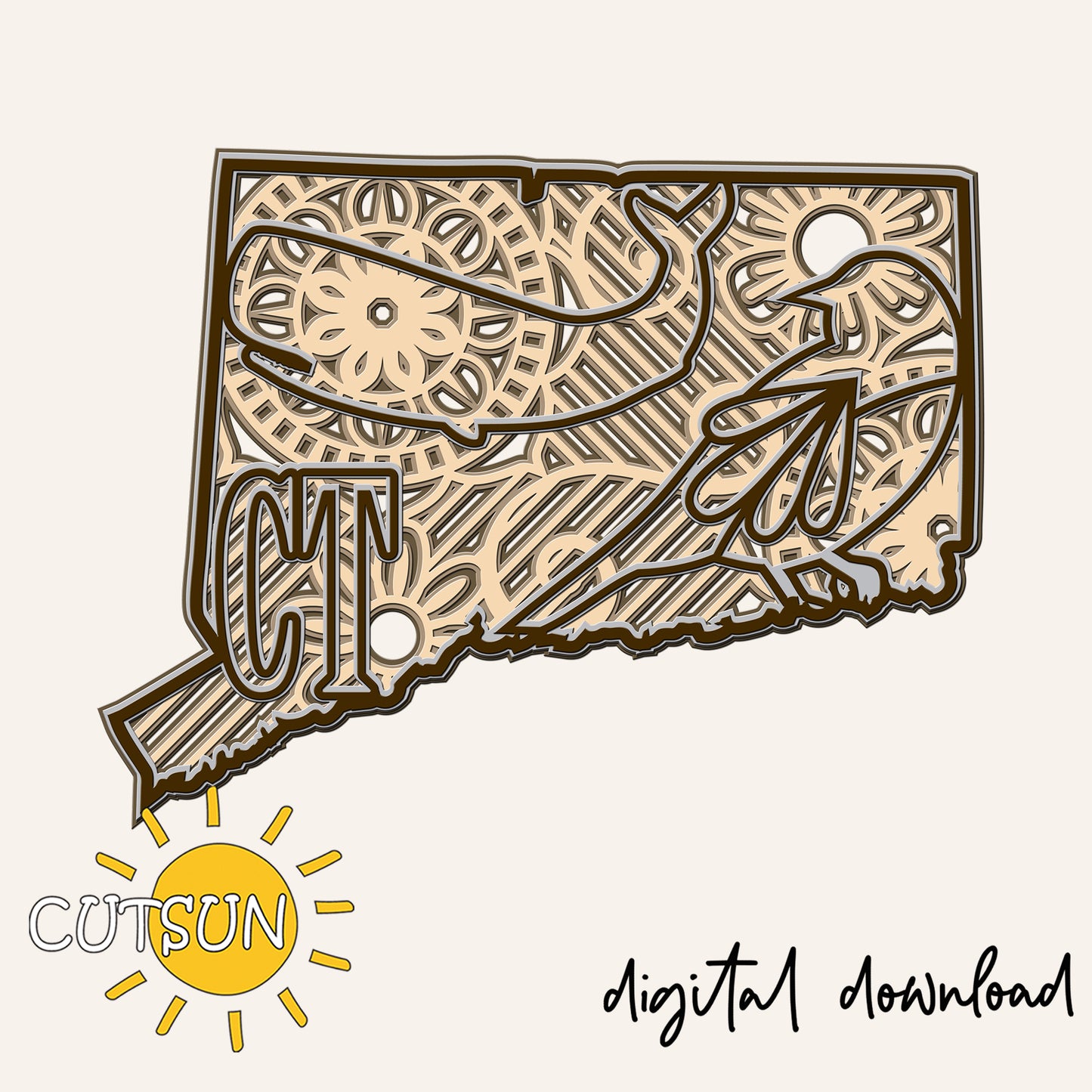 Decorative cutout of Connecticut state shape with intricate patterns and 'CT' initials, featuring the Cutsun logo and 'digital download' text.