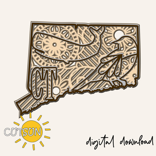 Decorative cutout of Connecticut state shape with intricate patterns and 'CT' initials, featuring the Cutsun logo and 'digital download' text.
