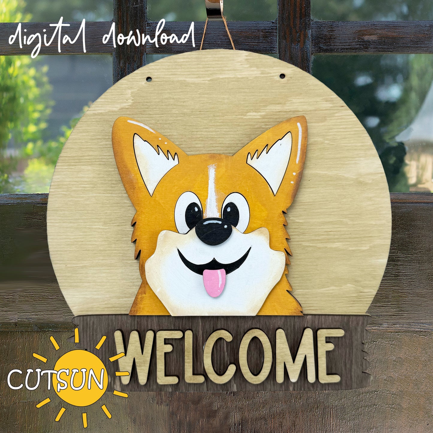 A digital image showing a round wooden door hanger with a cut-out shape of a corgi dog in the center, with the text 'CUTSON' and 'Welcome' below it. The background is white, and there is a shadow effect on the corgi image making it appear as if it is on a wooden surface.