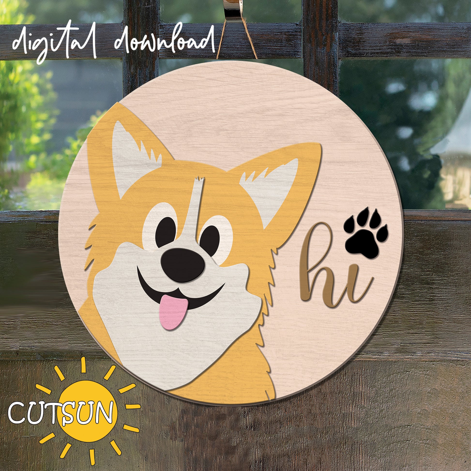 A digital image of a corgi peeking from a round shape with the greeting 'Hi' next to it, designed as a door hanger. The image has a wooden background and a 'Cutsun' watermark indicating the creator.