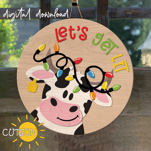 Digital download for a Christmas door hanger featuring a dairy cow with Christmas lights around its head.