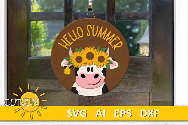 Hello summer Sunflowers door hanger svg Cow door sign SVG Sunflower svg Glowforge svg Laser cut file Cricut SVG (Copy)